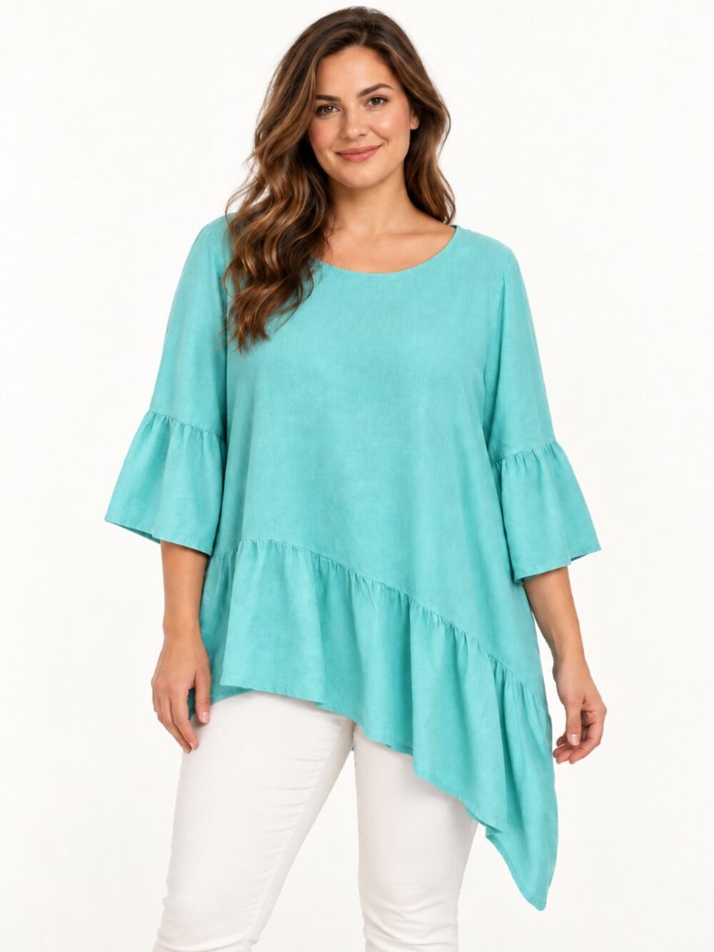 Camille & Co L 100% Linen Aqua Asymmetrical Ruffle Tunic Italy Lagenlook Resort